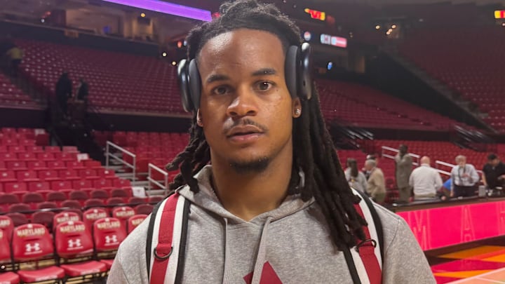 Indiana basketball senior guard Lamar Wilkerson speaks to reporters Jan. 7, 2026, after beating Maryland at the Xfinity Center in College Park, Maryland.