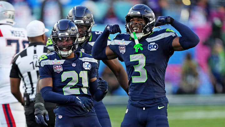 Feb 8, 2026; Santa Clara, CA, USA; Seattle Seahawks safety Nick Emmanwori (3) and Seattle Seahawks cornerback Devon Witherspoon (21) react after a play during the first quarter against the New England Patriots in Super Bowl LX at Levi's Stadium. Mandatory Credit: Cary Edmondson-Imagn Images Feb 8, 2026; Santa Clara, CA, USA; Seattle Seahawks safety Nick Emmanwori (3) and Seattle Seahawks cornerback Devon Witherspoon (21) react after a play during the first quarter against the New England Patriots in Super Bowl LX at Levi's Stadium. Mandatory Credit: Cary Edmondson-Imagn Images