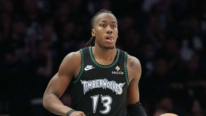 May 15, 2026; Minneapolis, Minnesota, USA; Minnesota Timberwolves guard Ayo Dosunmu (13) dribbles the ball against the San Antonio Spurs in the second during game six of the second round of the 2026 NBA Playoffs at Target Center. Mandatory Credit: Jesse Johnson-Imagn Images