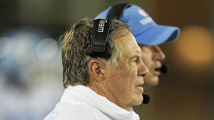 Sep 6, 2025; Charlotte, North Carolina, USA; North Carolina Tar Heels head coach Bill Belichick looks on at this team during the second half against the Charlotte 49ers at Jerry Richardson Stadium. Mandatory Credit: Jim Dedmon-Imagn Images