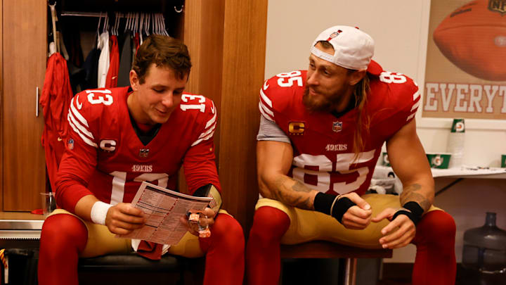 San Francisco 49ers quarterback Brock Purdy (L) and tight end George Kittle (R)