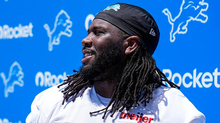 Detroit Lions defensive tackle Alim McNeill (54) speaks to media after practice during OTAs Detroit Lions defensive tackle Alim McNeill (54) speaks to media after practice during OTAs
