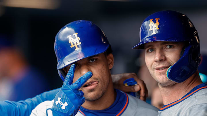 New York Mets right fielder Juan Soto (22) and first baseman Pete Alonso (20) celebrate on June 8, 2025 New York Mets right fielder Juan Soto (22) and first baseman Pete Alonso (20) celebrate on June 8, 2025