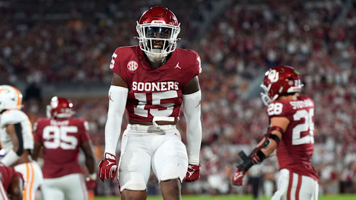 Oklahoma Sooners defensive back Kendel Dolby (15) celebrates after an OU fumble recovery during a college football game between the University of Oklahoma Sooners (OU) and the Tennessee Volunteers at Gaylord Family - Oklahoma Memorial Stadium in Norman, Okla., Saturday, Sept. 21, 2024.