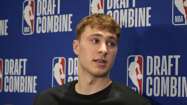 May 14, 2025; Chicago, Il, USA; Cooper Flagg talks to the media during the 2025 NBA Draft Combine at Marriott Marquis Chicago. Mandatory Credit: David Banks-Imagn Images