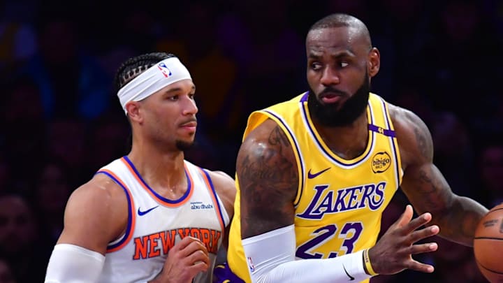 Mar 6, 2025; Los Angeles, California, USA; Los Angeles Lakers forward LeBron James (23) moves the ball against New York Knicks guard Josh Hart (3) during the first half at Crypto.com Arena. Mandatory Credit: Gary A. Vasquez-Imagn Images Mar 6, 2025; Los Angeles, California, USA; Los Angeles Lakers forward LeBron James (23) moves the ball against New York Knicks guard Josh Hart (3) during the first half at Crypto.com Arena. Mandatory Credit: Gary A. Vasquez-Imagn Images