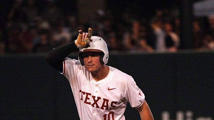 June 1, 2024; College Station, TX, USA; Texas Longhorns catcher Kimble Schuessler (10) celebrates a double against the Texas A&M Aggies during the second round in the NCAA baseball College Station Regional at Olsen Field College Station. Mandatory Credit: Dustin Safranek-Imagn Images