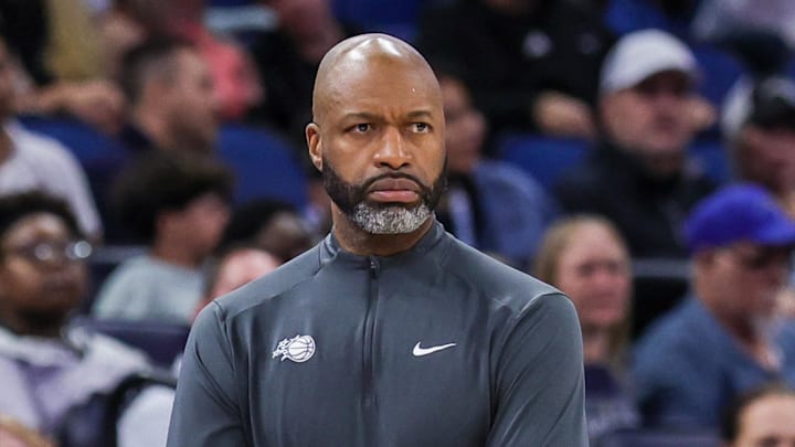 Jan 24, 2026; Orlando, Florida, USA; Orlando Magic head coach Jamahl Mosley looks on during the second quarter against the Cleveland Cavaliers at Kia Center. Mandatory Credit: Mike Watters-Imagn Images