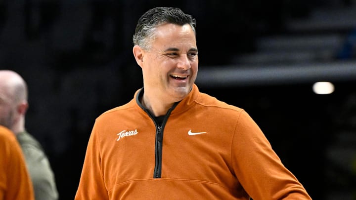Texas Longhorns head coach Sean Miller smiles during a practice session ahead of the first round of the men's 2026 NCAA Tournament at Moda Center.
