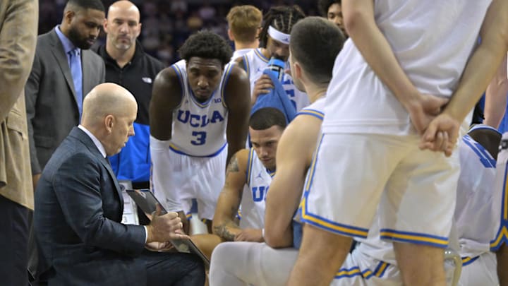 Feb 8, 2025; Los Angeles, California, USA;  UCLA Bruins players listen to head coach Mick Cronin during a time out in the first half against the Penn State Nittany Lions at Pauley Pavilion presented by Wescom. Mandatory Credit: Jayne Kamin-Oncea-Imagn Images