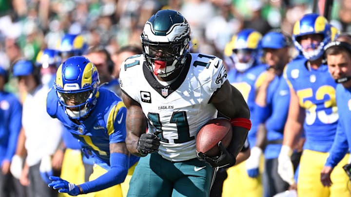 Sep 21, 2025; Philadelphia, Pennsylvania, USA;  Philadelphia Eagles wide receiver AJ. Brown (11) against the Los Angeles Rams at Lincoln Financial Field. Mandatory Credit: Eric Hartline-Imagn Images