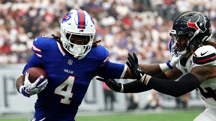 Sep 13, 2026; Houston, Texas, USA;  Buffalo Bills running back James Cook III (4) runs the ball as Houston Texans cornerback Derek Stingley Jr. (24) defends during the third quarter at Reliant Stadium.  Mandatory Credit: Thomas Shea-Imagn Images