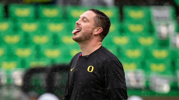 Oregon head coach Dan Lanning sticks his tongue out to catch the rain as the No. 6 Oregon Ducks host California Saturday, Nov. 4, 2023, at Autzen Stadium in Eugene, Ore. Oregon head coach Dan Lanning sticks his tongue out to catch the rain as the No. 6 Oregon Ducks host California Saturday, Nov. 4, 2023, at Autzen Stadium in Eugene, Ore.