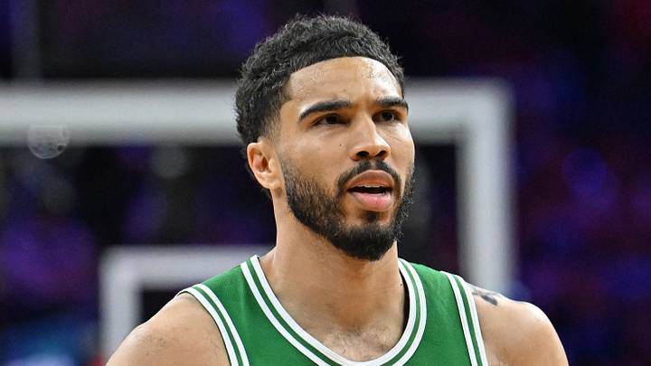 Apr 24, 2026; Philadelphia, Pennsylvania, USA; Boston Celtics forward Jayson Tatum (0) reacts after a three point basket against the Philadelphia 76ers during the second half at Xfinity Mobile Arena. Mandatory Credit: Eric Hartline-Imagn Images