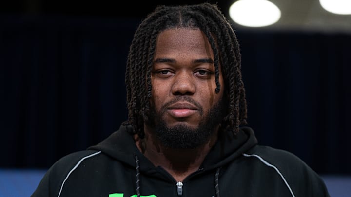 Feb 28, 2026; Indianapolis, IN, USA; Texas A&M offensive lineman Dametrious Crownover (OL16) speaks to members of the media during the NFL Combine at the Indiana Convention Center. Mandatory Credit: Jacob Musselman-Imagn Images