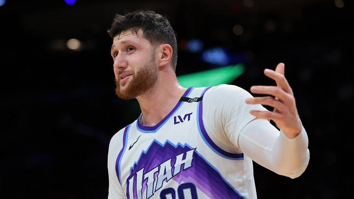 Feb 9, 2026; Miami, Florida, USA; Utah Jazz center Jusuf Nurkic (30) reacts against the Miami Heat during the second quarter at Kaseya Center. Mandatory Credit: Sam Navarro-Imagn Images