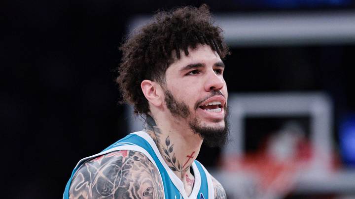 Apr 12, 2026; New York, New York, USA; Charlotte Hornets guard LaMelo Ball (1) reacts after a basket against the New York Knicks during the first half at Madison Square Garden. Mandatory Credit: Vincent Carchietta-Imagn Images