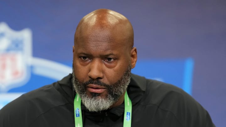 Detroit Lions general manager Brad Holmes speaks at the NFL Scouting Combine at the Indiana Convention Center