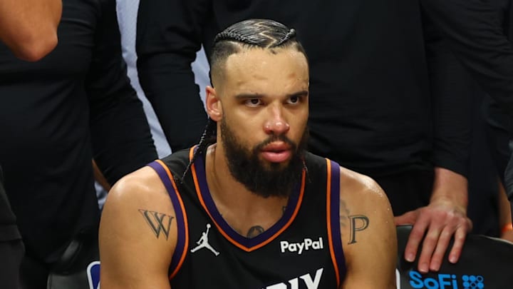 Apr 14, 2026; Phoenix, Arizona, USA; Phoenix Suns forward Dillon Brooks (3) reacts on the bench after fouling out against the Portland Trail Blazers in the second half during the play-in rounds of the 2026 NBA Playoffs at Mortgage Matchup Center. Mandatory Credit: Mark J. Rebilas-Imagn Images