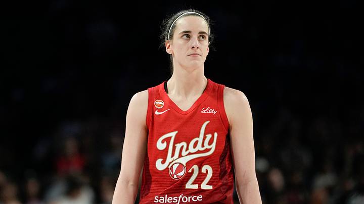 Oct 1, 2026; Las Vegas, Nevada, USA;  Indiana Fever guard Caitlin Clark (22) looks outward during the fourth quarter of game three of the first round for the 2026 WNBA Playoffs against the Las Vegas Aces at Michelob Ultra Arena.  Mandatory Credit: Lucas Peltier-Imagn Images