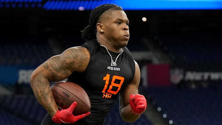 Mar 1, 2025; Indianapolis, IN, USA; Ohio State running back Quinshon Judkins (RB18) during the 2025 NFL Combine at Lucas Oil Stadium. Mandatory Credit: Kirby Lee-Imagn Images Mar 1, 2025; Indianapolis, IN, USA; Ohio State running back Quinshon Judkins (RB18) during the 2025 NFL Combine at Lucas Oil Stadium. Mandatory Credit: Kirby Lee-Imagn Images
