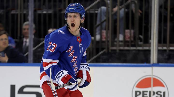 Mar 2, 2026; New York, New York, USA; New York Rangers defenseman Adam Fox (23) skates against the Columbus Blue Jackets during the third period at Madison Square Garden. Mandatory Credit: Brad Penner-Imagn Images