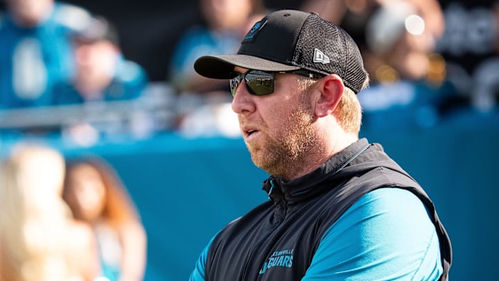 Jacksonville Jaguars head coach Liam Coen watches his team warm up before an NFL scrimmage at EverBank Stadium Friday August 1, 2025, in Jacksonville, Fla. [Doug Engle/Florida Times-Union]