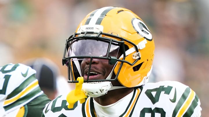 Green Bay Packers cornerback Kalen King (34) reacts to recovering a fumble against Seattle.