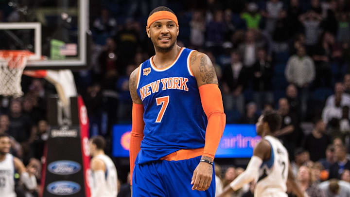 Nov 30, 2016; Minneapolis, MN, USA; New York Knicks forward Carmelo Anthony (7) celebrates his game-winning shot during the fourth quarter against the Minnesota Timberwolves at Target Center. The Knicks defeated the Timberwolves 106-104. Mandatory Credit: Brace Hemmelgarn-Imagn Images