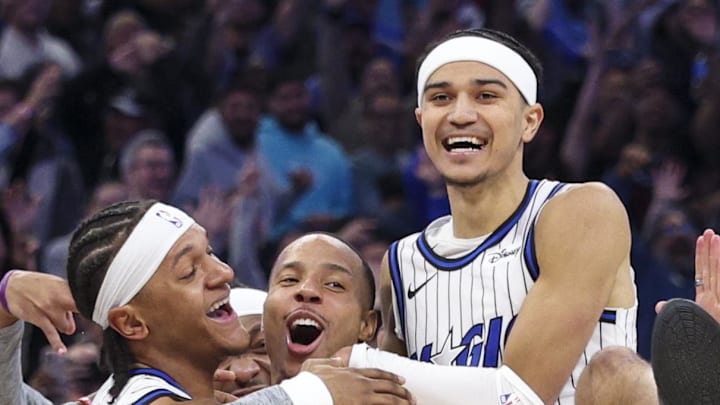 Nov 10, 2025; Orlando, Florida, USA; Orlando Magic guard Desmond Bane (3) celebrates with forward Paolo Banchero (5) after making a game wing basket against the Portland Trail Blazers in the fourth quarter at Kia Center. Mandatory Credit: Nathan Ray Seebeck-Imagn Images