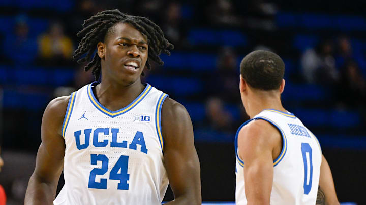 Nov 11, 2024; Los Angeles, California, USA; UCLA Bruins forward William Kyle III (24) celebrates after a slam dunk during the first half against the Boston University Terriers at Pauley Pavilion presented by Wescom. Mandatory Credit: Robert Hanashiro-Imagn Images Nov 11, 2024; Los Angeles, California, USA; UCLA Bruins forward William Kyle III (24) celebrates after a slam dunk during the first half against the Boston University Terriers at Pauley Pavilion presented by Wescom. Mandatory Credit: Robert Hanashiro-Imagn Images