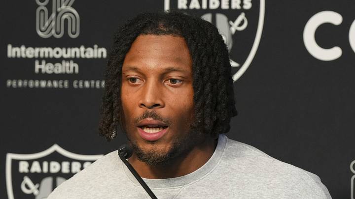 Las Vegas Raiders wide receiver Tre Tucker speaks during a news conference during organized team activities.