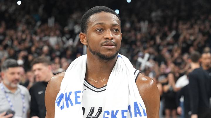 Apr 28, 2026; San Antonio, Texas, USA; San Antonio Spurs guard De’Aaron Fox (4) after a victory over the Portland Trail Blazers in game five of the first round of the 2026 NBA Playoffs at Frost Bank Center. Mandatory Credit: Scott Wachter-Imagn Images