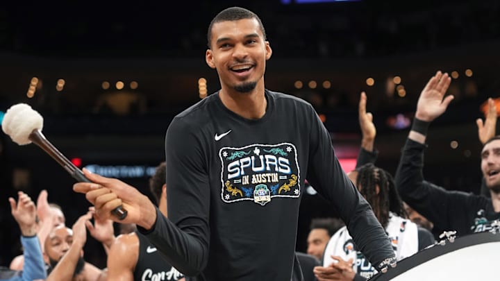 Feb 19, 2026; Austin, Texas, USA; San Antonio Spurs forward Victor Wembanyama (1) leads the crowd in a cheer after a victory over the Phoenix Suns at Moody Center. Mandatory Credit: Scott Wachter-Imagn Images