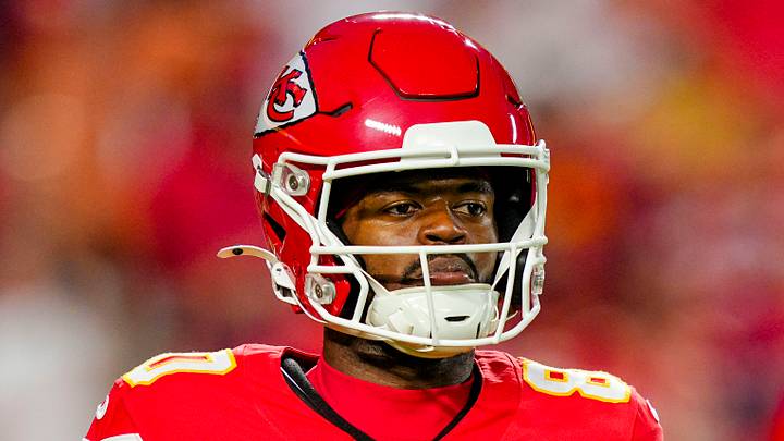 Oct 12, 2025; Kansas City, Missouri, USA; Kansas City Chiefs wide receiver Tyquan Thornton (80) warms up prior to a game against the Detroit Lions at GEHA Field at Arrowhead Stadium. Mandatory Credit: Jay Biggerstaff-Imagn Images