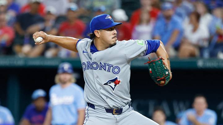 Sep 20, 2026; Arlington, Texas, USA; Toronto Blue Jays pitcher Jose Rodriguez (64) throws during the seventh inning against the Texas Rangers at Globe Life Field. Mandatory Credit: Chris Jones-Imagn Images Sep 20, 2026; Arlington, Texas, USA; Toronto Blue Jays pitcher Jose Rodriguez (64) throws during the seventh inning against the Texas Rangers at Globe Life Field. Mandatory Credit: Chris Jones-Imagn Images