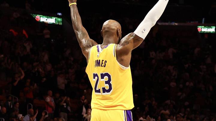 Mar 19, 2026; Miami, Florida, USA; Los Angeles Lakers forward LeBron James (23) celebrates guard Luka Doncic (not shown) after scoring 60 points against the Miami Heat at Kaseya Center. Mandatory Credit: Isabella Frias-Imagn Images Mar 19, 2026; Miami, Florida, USA; Los Angeles Lakers forward LeBron James (23) celebrates guard Luka Doncic (not shown) after scoring 60 points against the Miami Heat at Kaseya Center. Mandatory Credit: Isabella Frias-Imagn Images
