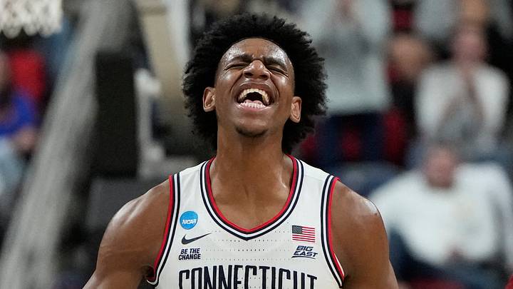 Mar 21, 2025; Raleigh, NC, USA;  Connecticut Huskies center Tarris Reed Jr. (5) reacts during the first half against the Oklahoma Sooners at Lenovo Center. Mandatory Credit: Bob Donnan-Imagn Images