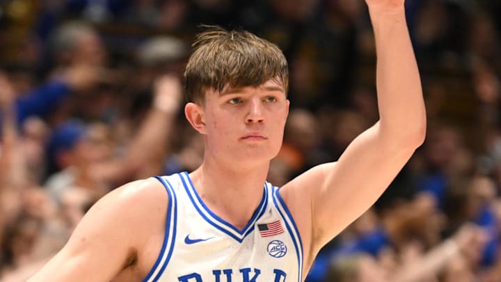 Feb 16, 2026; Durham, North Carolina, USA; Duke Blue Devils guard Nikolas Khamenia (14) reacts after scoring a basket against the Syracuse Orange during the during the second half at Cameron Indoor Stadium. Mandatory Credit: Zachary Taft-Imagn Images Feb 16, 2026; Durham, North Carolina, USA; Duke Blue Devils guard Nikolas Khamenia (14) reacts after scoring a basket against the Syracuse Orange during the during the second half at Cameron Indoor Stadium. Mandatory Credit: Zachary Taft-Imagn Images