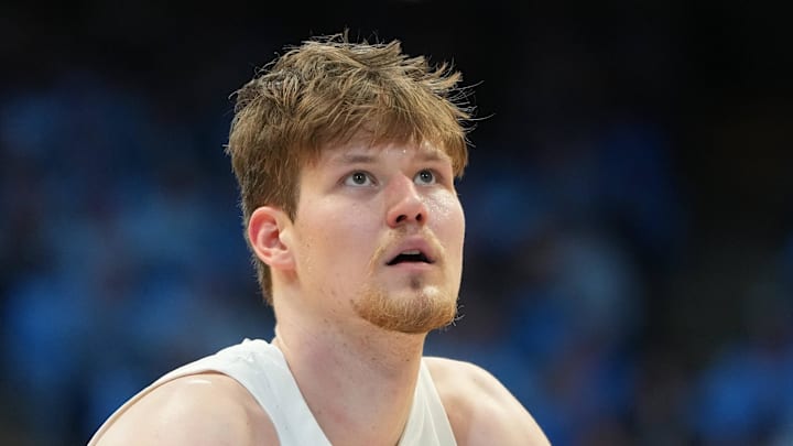 Jan 21, 2026; Chapel Hill, North Carolina, USA; North Carolina Tar Heels center Henri Veesaar (13) at the free throw line in the second half at Dean E. Smith Center. Mandatory Credit: Bob Donnan-Imagn Images