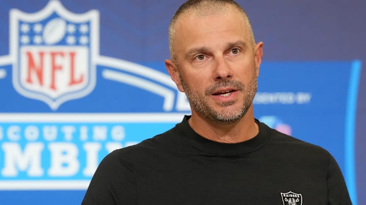 Feb 24, 2026; Indianapolis, IN, USA; Las Vegas Raiders general manager John Spytek speaks at the NFL Scouting Combine at the Indiana Convention Center. Mandatory Credit: Kirby Lee-Imagn Images