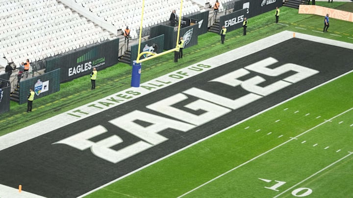 The Philadelphia Eagles logo is seen in the end zone at Lincoln Financial Field.