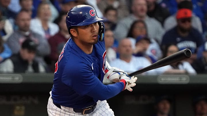 Mar 6, 2025; Mesa, Arizona, USA; Chicago Cubs outfielder Seiya Suzuki (27) hits against the Kansas City Royals in the first inning at Sloan Park. Mar 6, 2025; Mesa, Arizona, USA; Chicago Cubs outfielder Seiya Suzuki (27) hits against the Kansas City Royals in the first inning at Sloan Park.