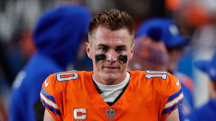 Nov 6, 2025; Denver, Colorado, USA; Denver Broncos quarterback Bo Nix (10) in the fourth quarter against the Las Vegas Raiders at Empower Field at Mile High. Mandatory Credit: Isaiah J. Downing-Imagn Images