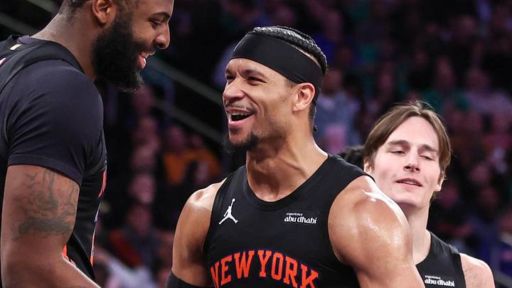 Mar 17, 2026; New York, New York, USA;  New York Knicks guard Josh Hart (3) celebrates center Mitchell Robinson (23) in the third quarter at Madison Square Garden. Mandatory Credit: Wendell Cruz-Imagn Images