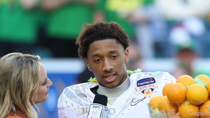 Jan 1, 2026; Miami Gardens, FL, USA; Oregon Ducks defensive back Brandon Finney (4) is interviewed by. ESPN’s Katie George following the 2025 Orange Bowl and quarterfinal game of the College Football Playoff against the Texas Tech Red Raiders at Hard Rock Stadium. 