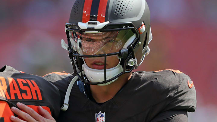 Cleveland Browns quarterback Dillon Gabriel (8) shares a moment with wide receiver Jamari Thrash (80) before an NFL football game at Huntington Bank Field, Sept. 21, 2025, in Cleveland, Ohio. Cleveland Browns quarterback Dillon Gabriel (8) shares a moment with wide receiver Jamari Thrash (80) before an NFL football game at Huntington Bank Field, Sept. 21, 2025, in Cleveland, Ohio.