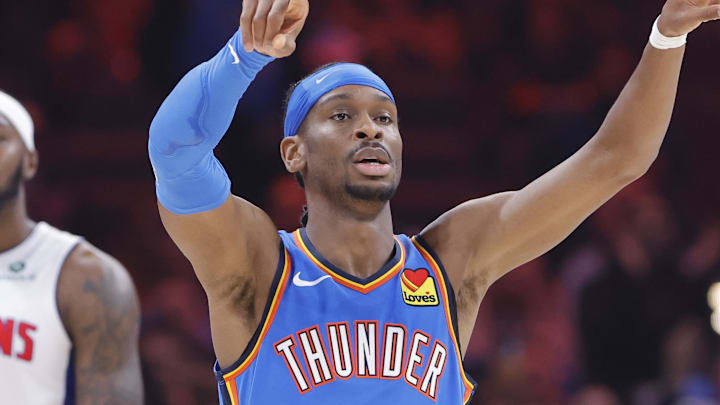 Apr 2, 2025; Oklahoma City, Oklahoma, USA; Oklahoma City Thunder guard Shai Gilgeous-Alexander (2) gestures after scoring against the Detroit Pistons during the first quarter at Paycom Center. Mandatory Credit: Alonzo Adams-Imagn Images