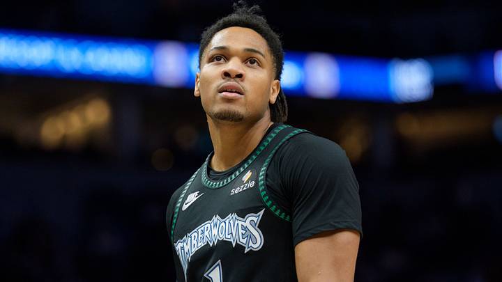 Nov 29, 2025; Minneapolis, Minnesota, USA; Minnesota Timberwolves guard Terrence Shannon Jr. (1) during a stoppage against the Boston Celtics in the fourth quarter at Target Center. Mandatory Credit: Matt Blewett-Imagn Images
