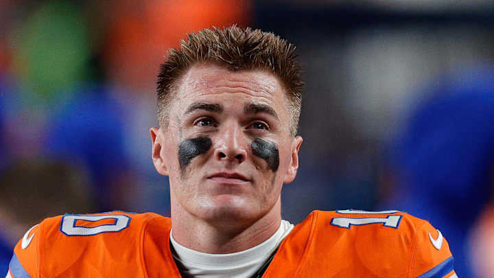 Nov 6, 2025; Denver, Colorado, USA; Denver Broncos quarterback Bo Nix (10) in the fourth quarter against the Las Vegas Raiders at Empower Field at Mile High. Mandatory Credit: Isaiah J. Downing-Imagn Images